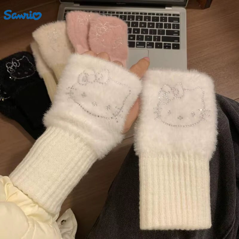 Hello Kitty Half Finger Gloves for Women Fashion Winter Warm Soft Knitting Gloves Casual Cartoon Fingerless Mitten Gifts