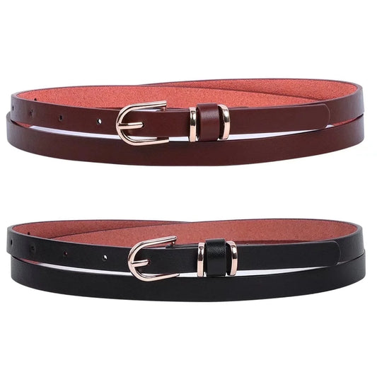 Women Skinny Leather Belts Thin Black and Coffee Belt for Pants Jeans Dresses